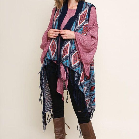 Multicolor Diamond Knit Open Long Body Vest - Picture 2 of 3